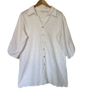Susan Graver 100% Cotton Eyelet Button-Down White Shirt, Sz XL